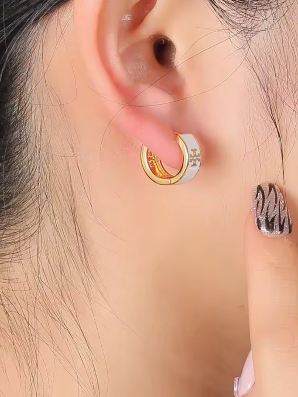 Anthropologie Gold and White Enamel Huggie Hoop Earrings